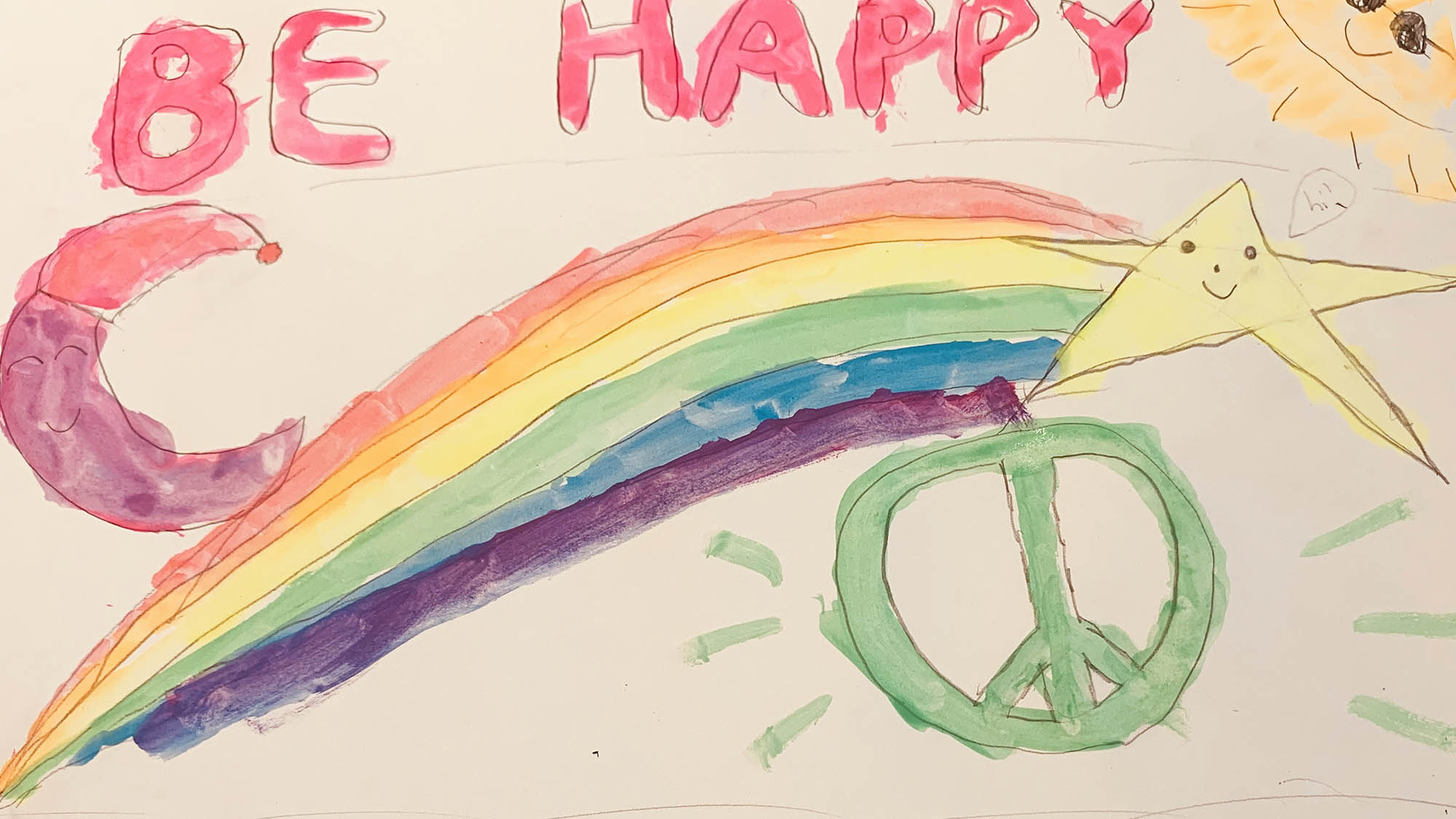 Kids Be Happy Drawing of Rainbow and Peace Sign