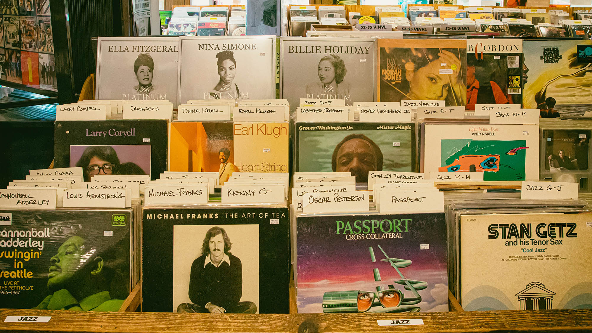 Jazz records on store shelf