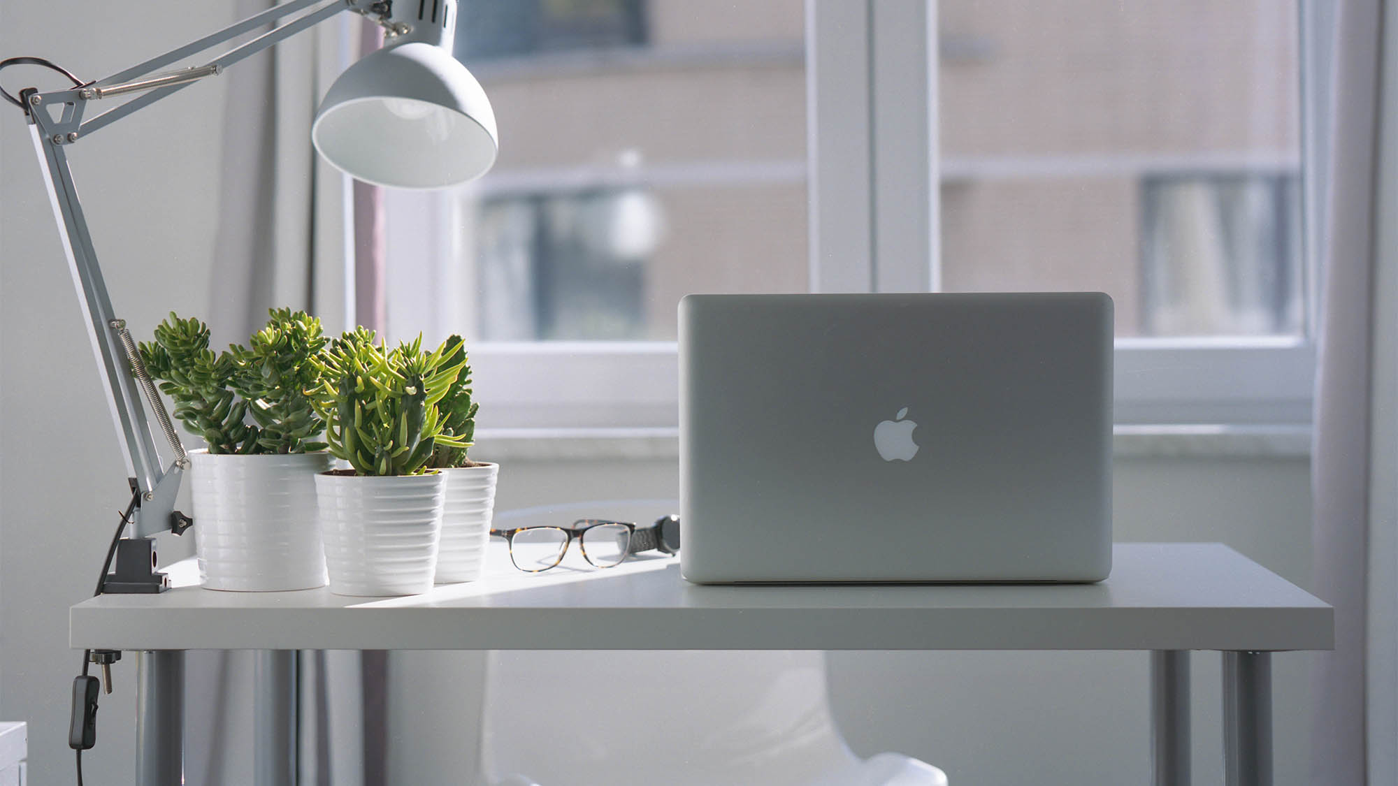 White desk with Macbook, three succulents and windows with city view in background