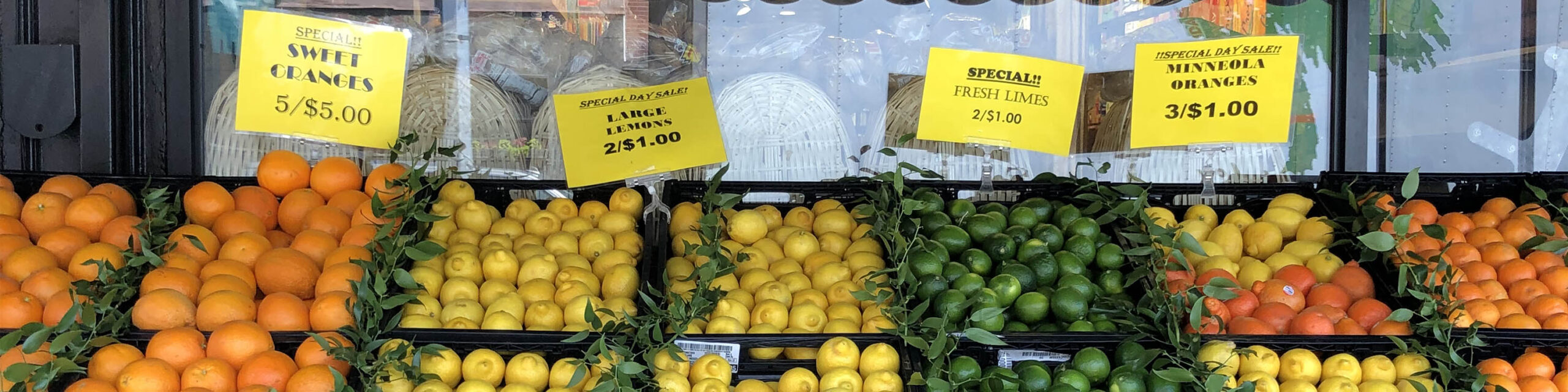 Oranges lemons and limes displayed outside a Brooklyn market