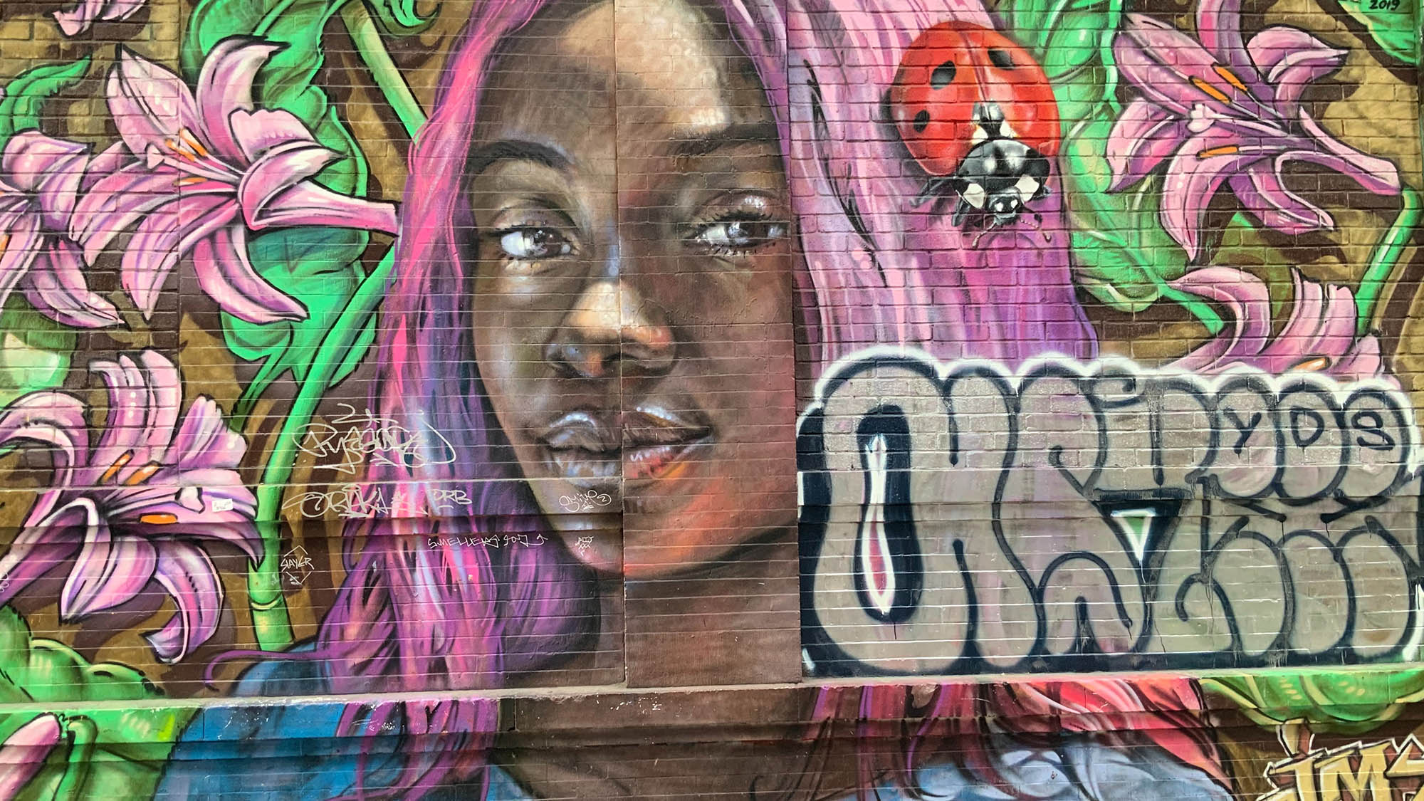 Mural of Black girl with purple hair with ladybug in ahir against pink and green flowers