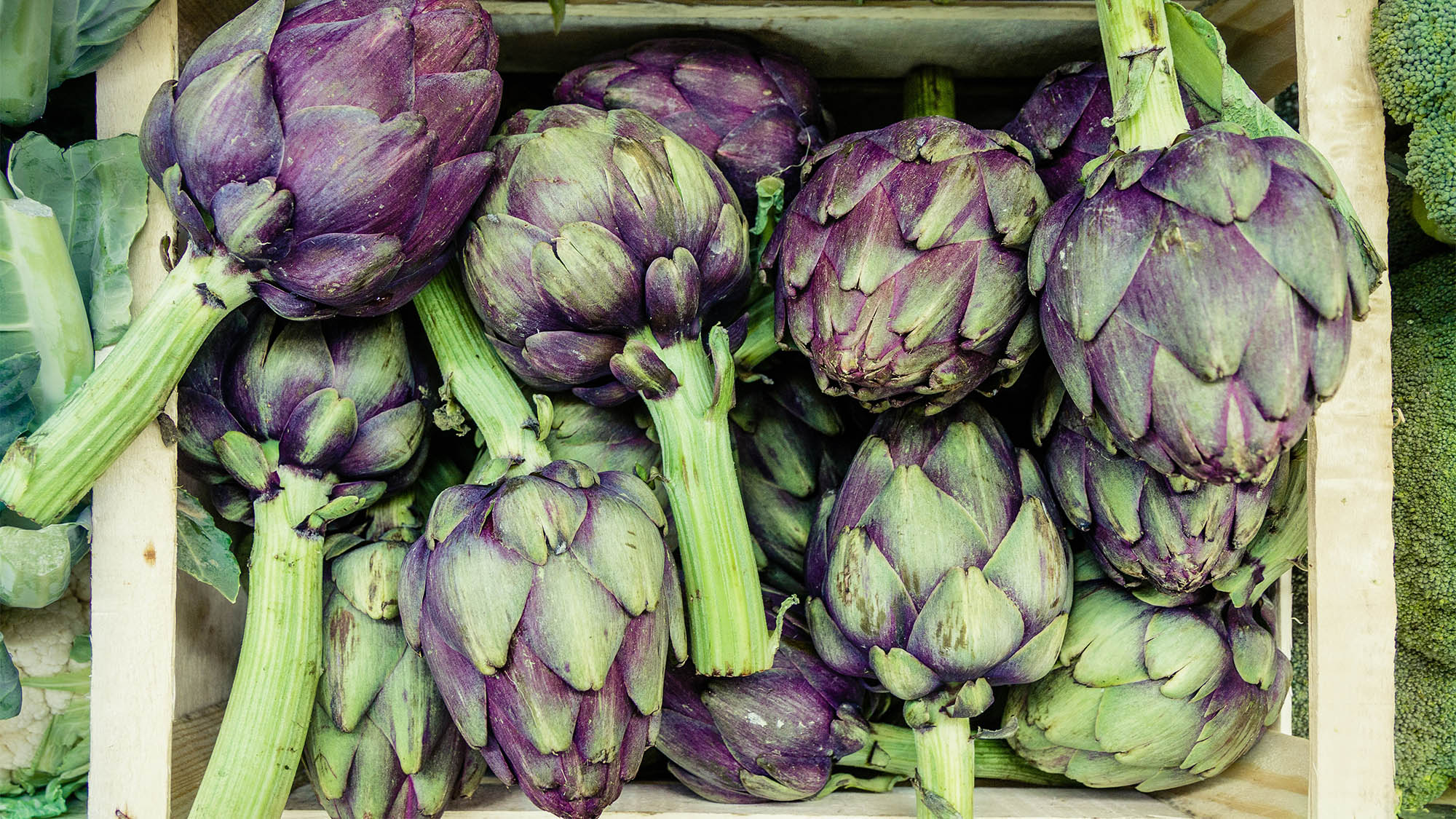 Green and purple artichokes in box