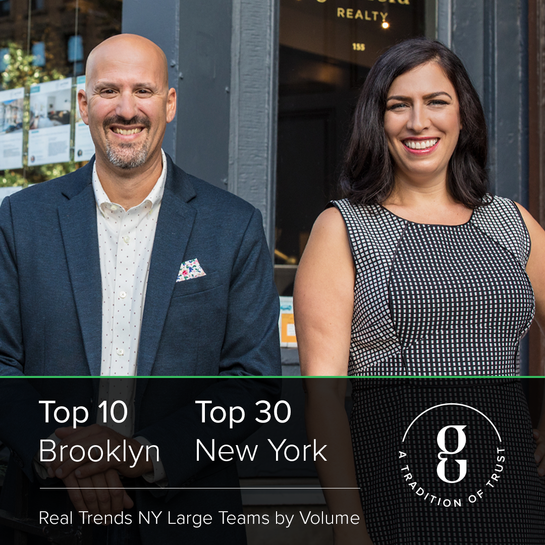 White male and female Brooklyn real estate agents with Top 10 Brooklyn and Top 30 New York Real Trends rankings text and Garfield Realty logo