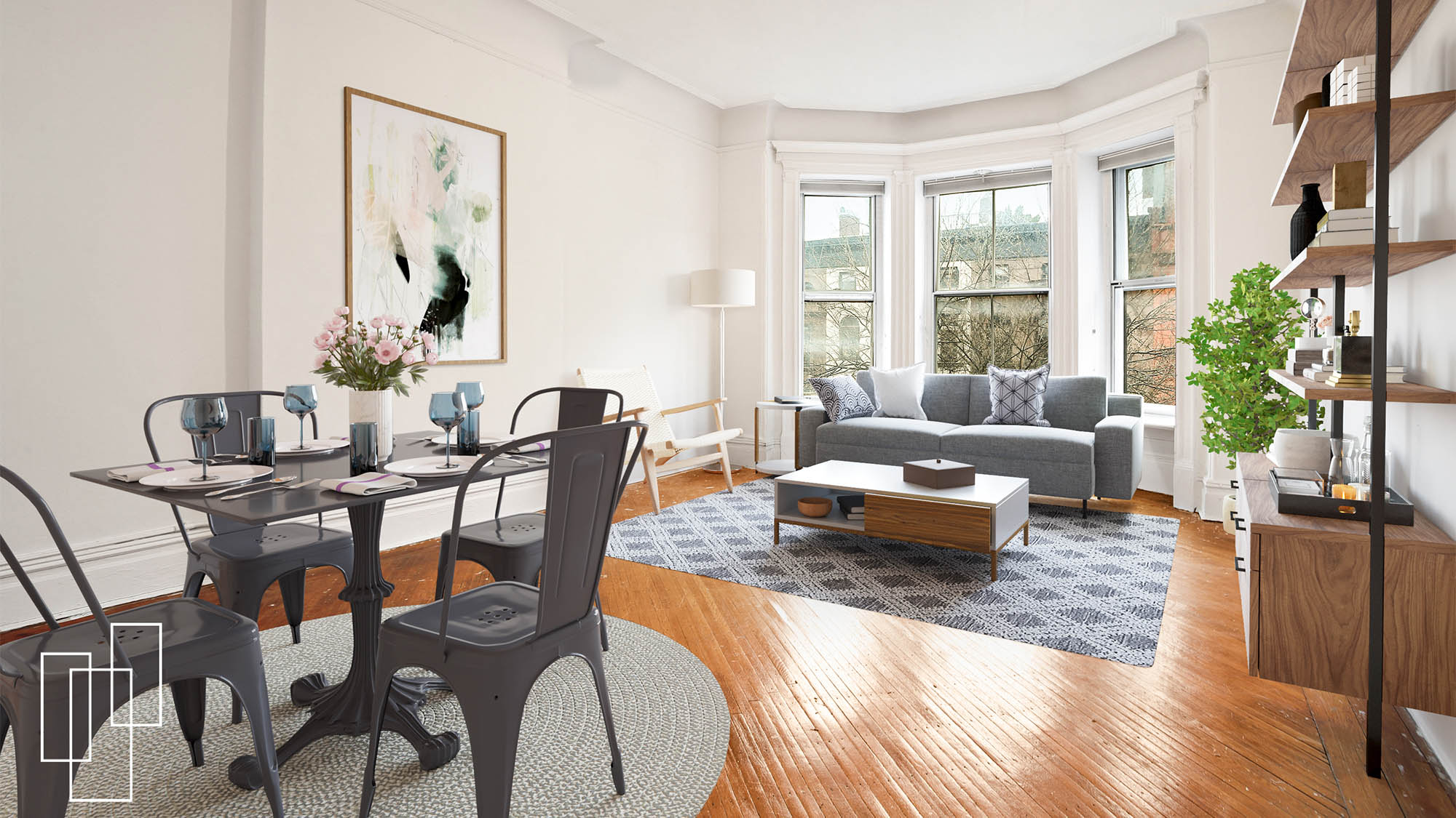 Virtually staged living and dining rom with gray chairs and table on left and couch, geometric throw rug and coffee table in rear against three windows with large abstract paitning on left wall and right wall with plant and shelves
