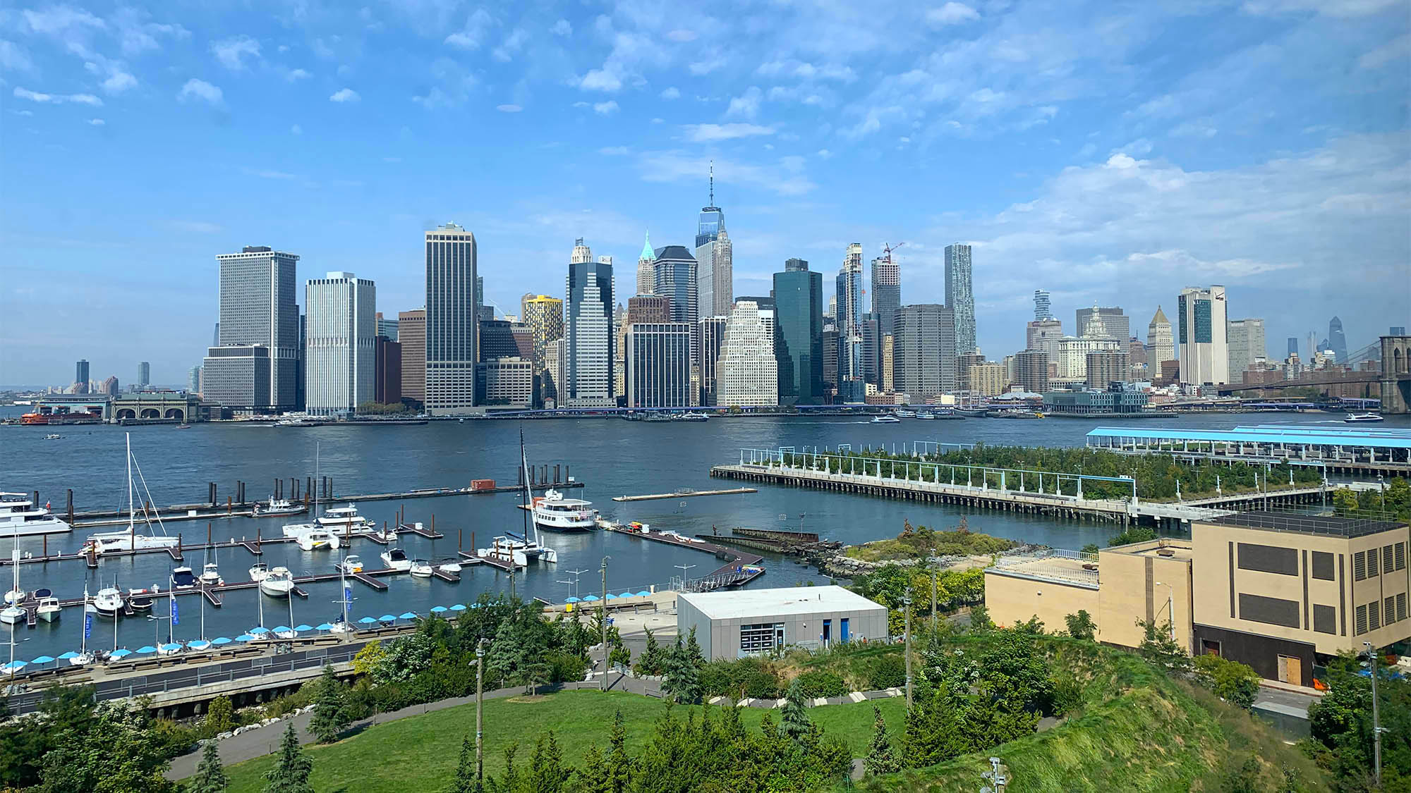 Manhattan NYC waterfront and East River with Brooklyn pier and greenery in foreground