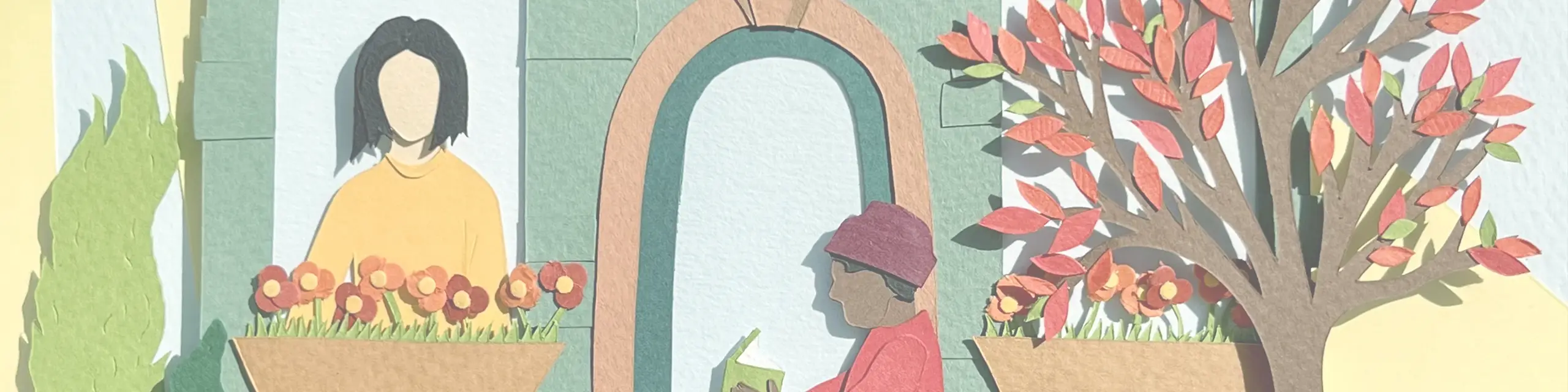 Closeup of cut paper artwork depicting Brooklyn brownstone full of people