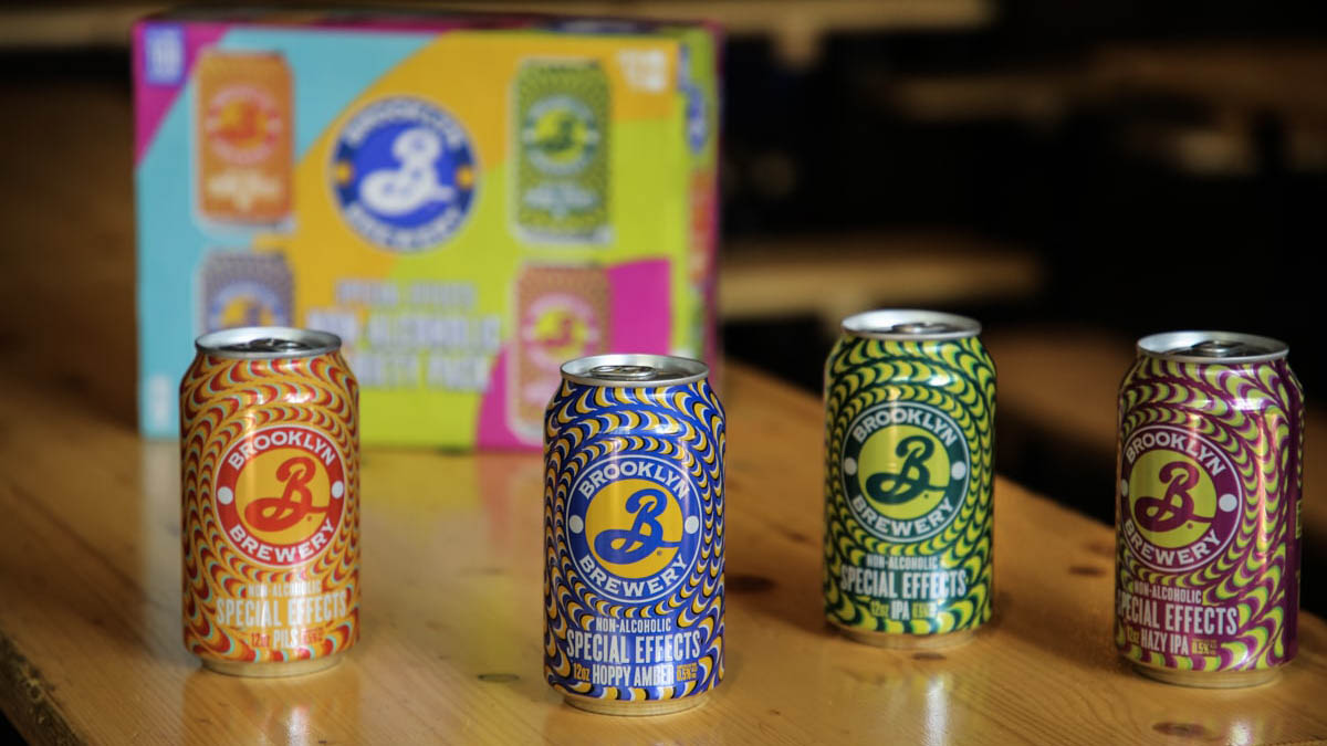 Four non-alcoholic Brooklyn Brewery cans lined up