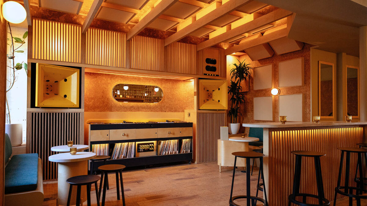 Interior of Brooklyn bar with modern wood style and record collection