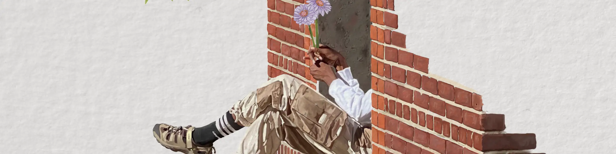 Digital artwork of man's leg coming out of brick wall