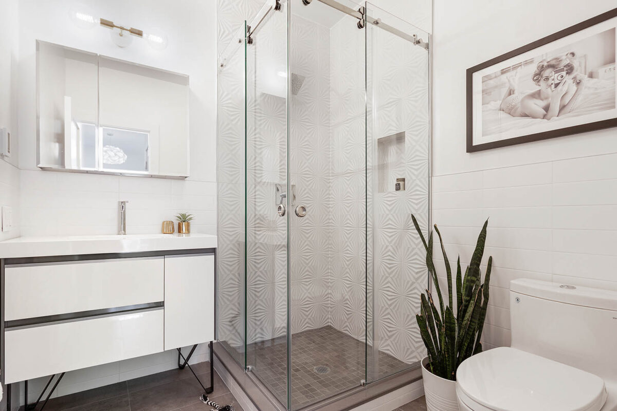 Modern bathroom with glass shower, snake plant and extra storage 