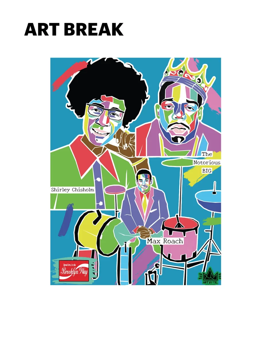 Colorful portrait painting collage of Shirley Chisholm, Notorious BIG and Max Roach