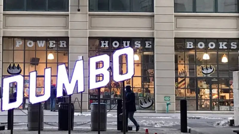 Power House Books storefront behind DUMBO sign