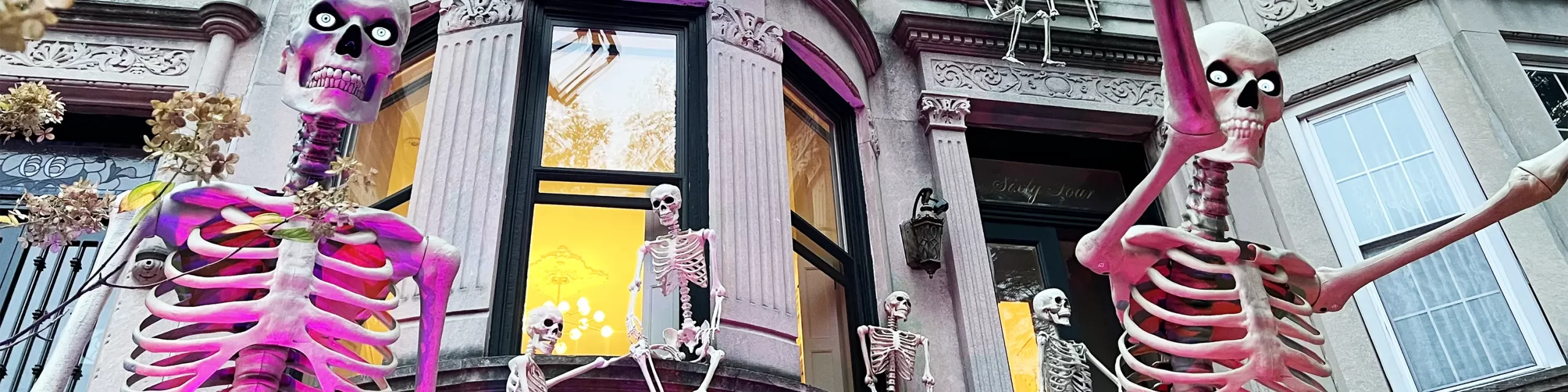 Skeleton decorations on Brooklyn brownstones