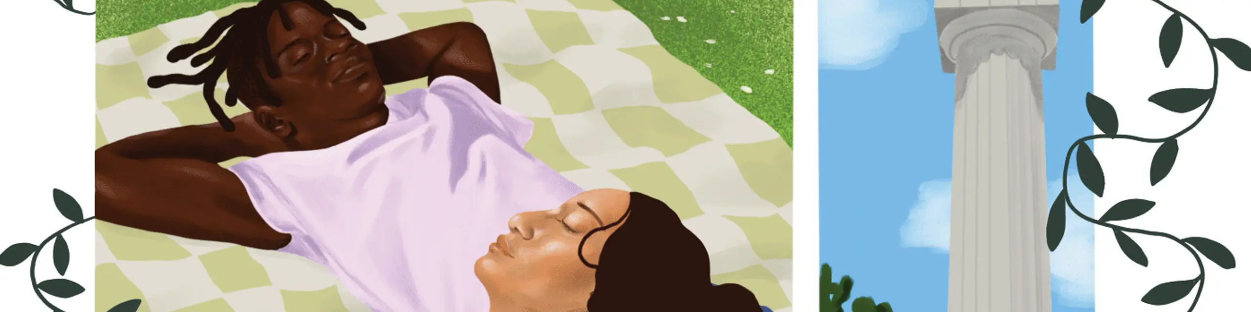 Cropped illustration of boy and girl lying on picnic blanket