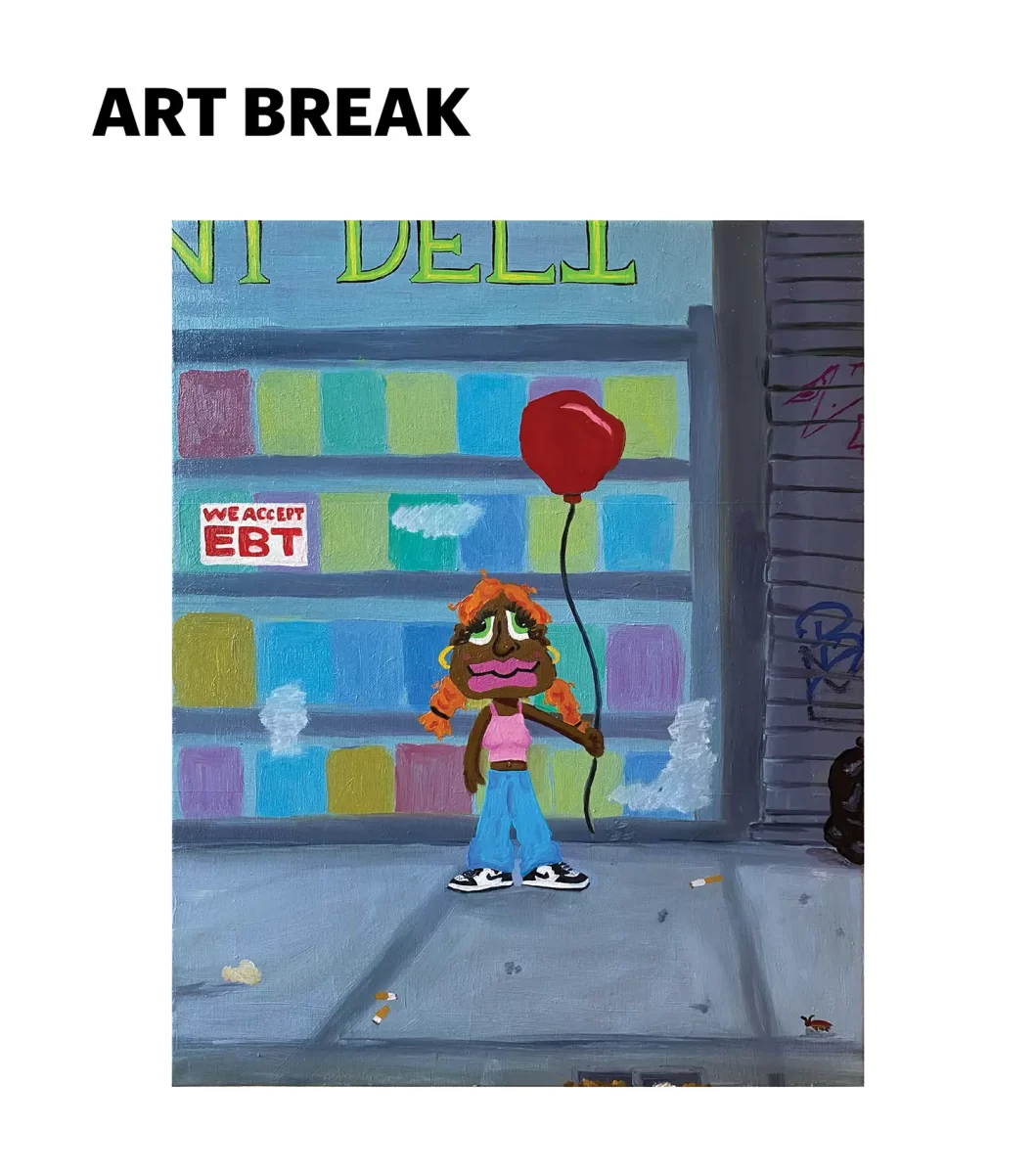 Painting of Black girl holding red balloon in front of Brooklyn deli