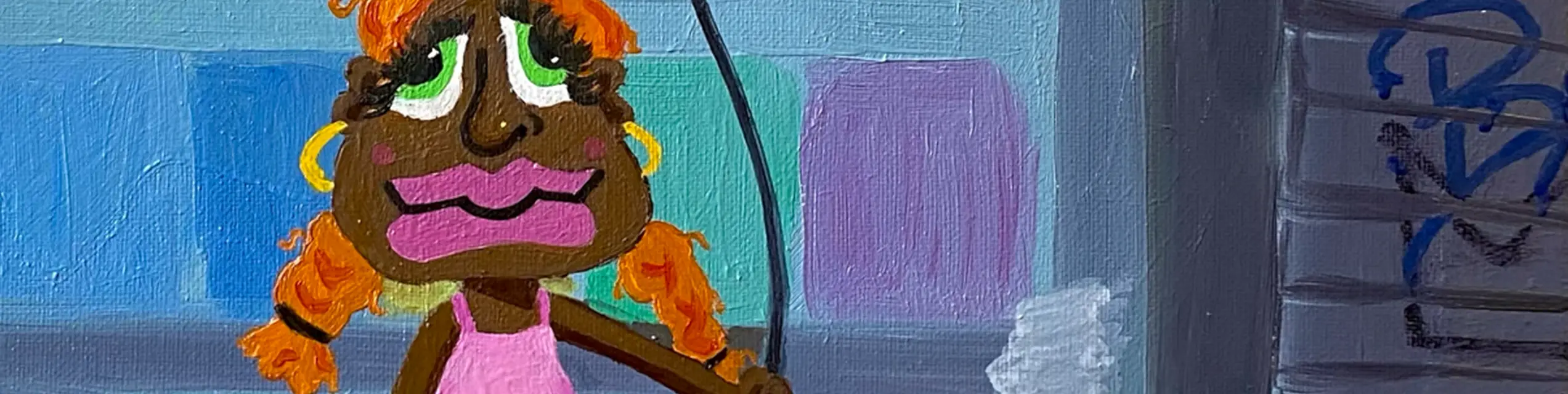 Cropped painting of girl's face against city wall