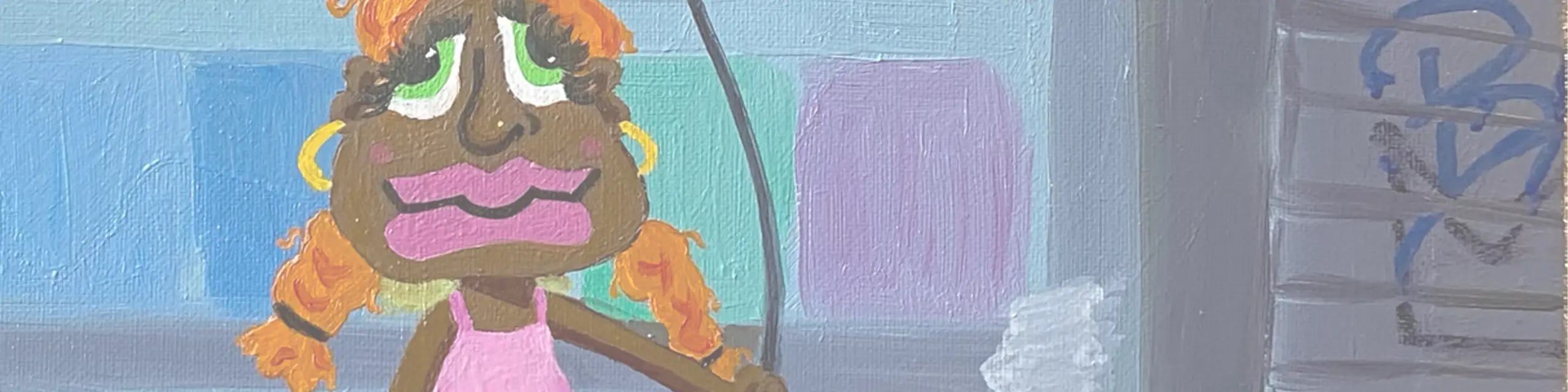 Cropped painting of girl's face against city wall