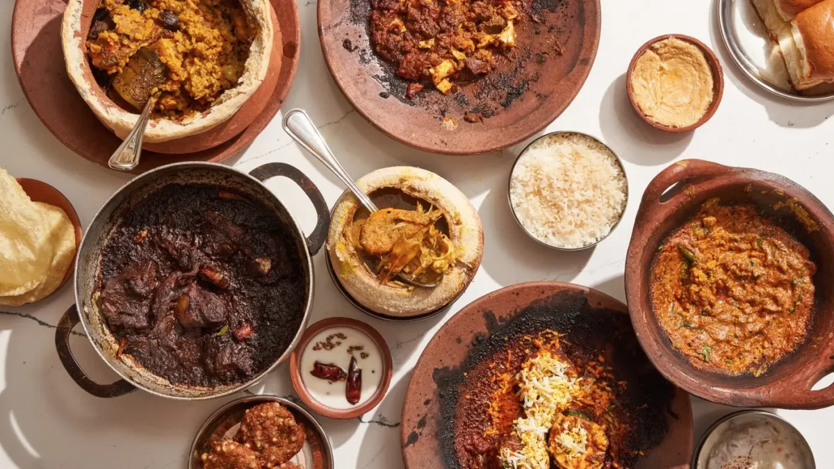 Variety of Indian foods and side dishes on table