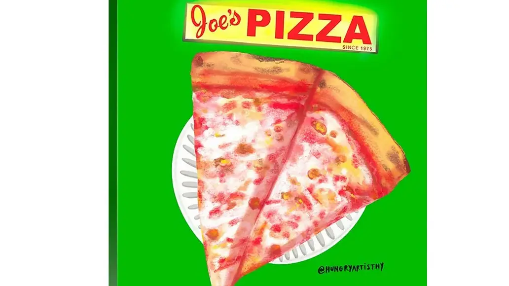 Two painted pizza slices on bright green background