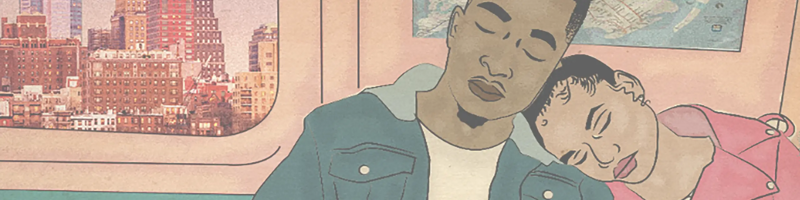 Cropped illustration of man and woman cuddled on NYC subway