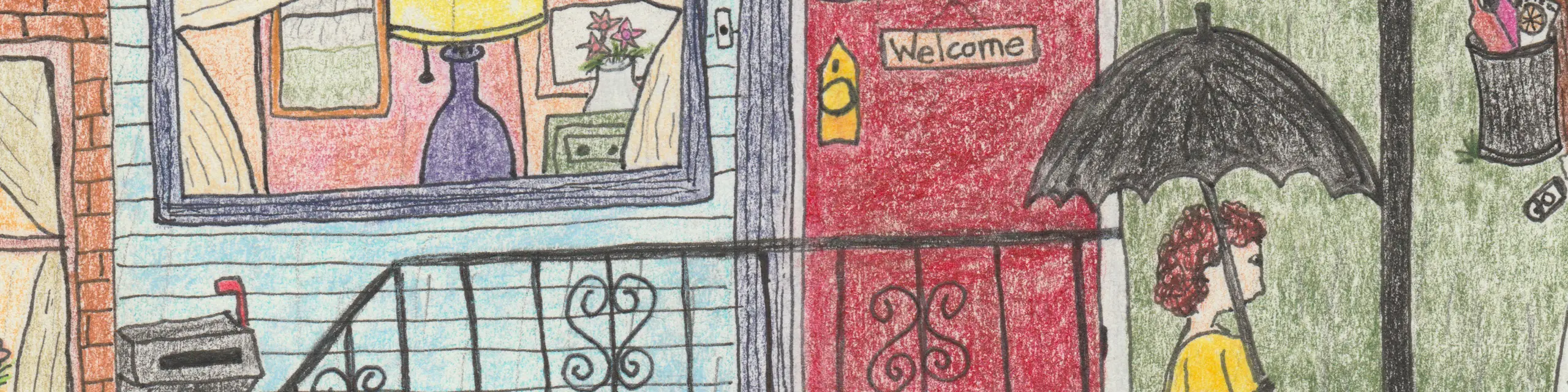 Cropped illustration of woman walking under umbrella in front of townhome