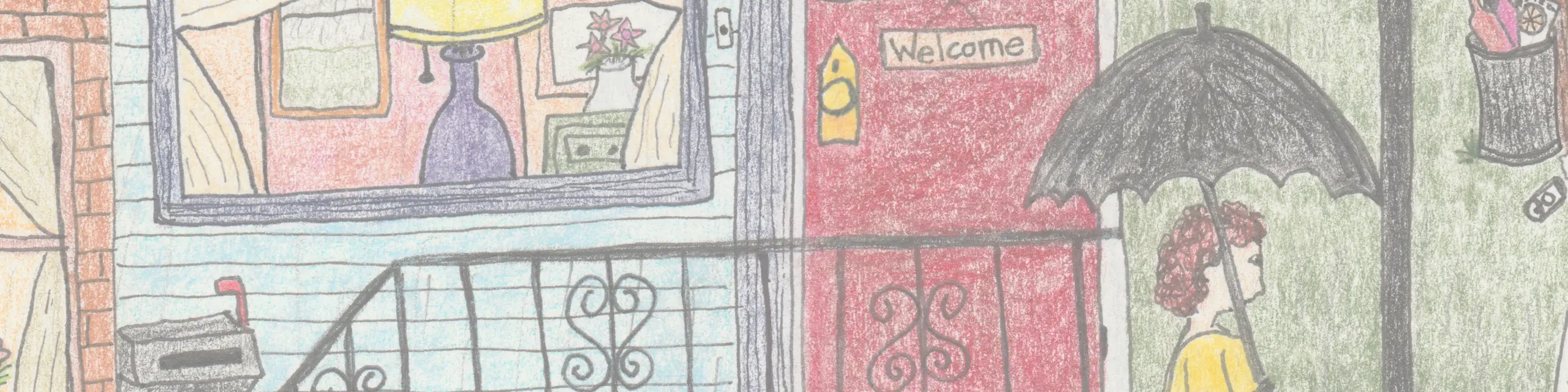 Cropped illustration of woman walking under umbrella in front of townhome