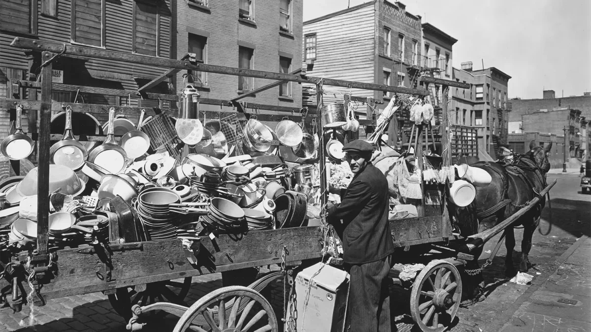Man with traveling Brooklyn shop in 1936