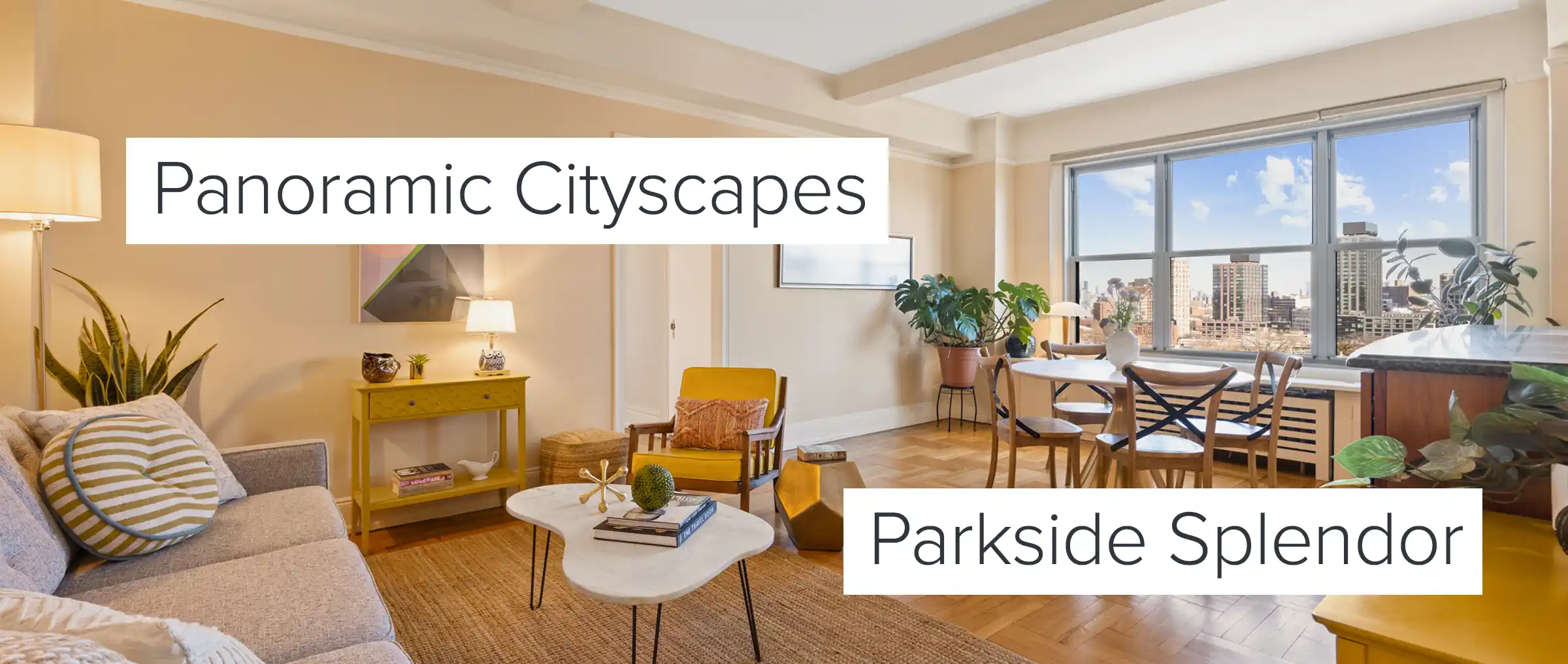 "Panoramic Cityscapes, Parkside Splendor" inscription over image of 1 Plaza St West Living Room