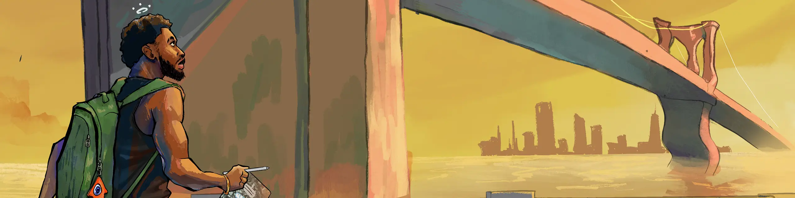 Illustration of man walking with backpack toward Brooklyn Bridge