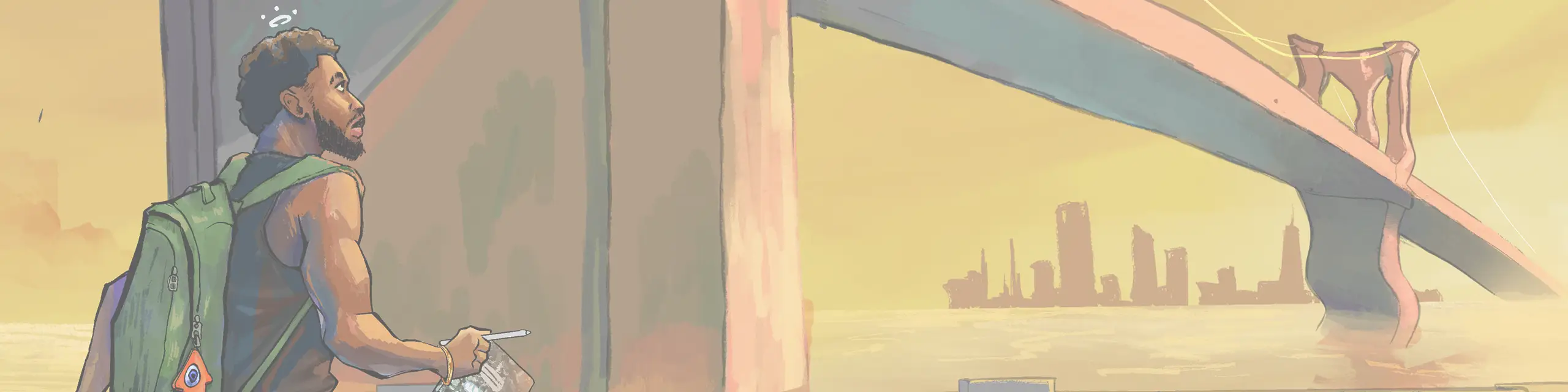 Illustration of man walking with backpack toward Brooklyn Bridge