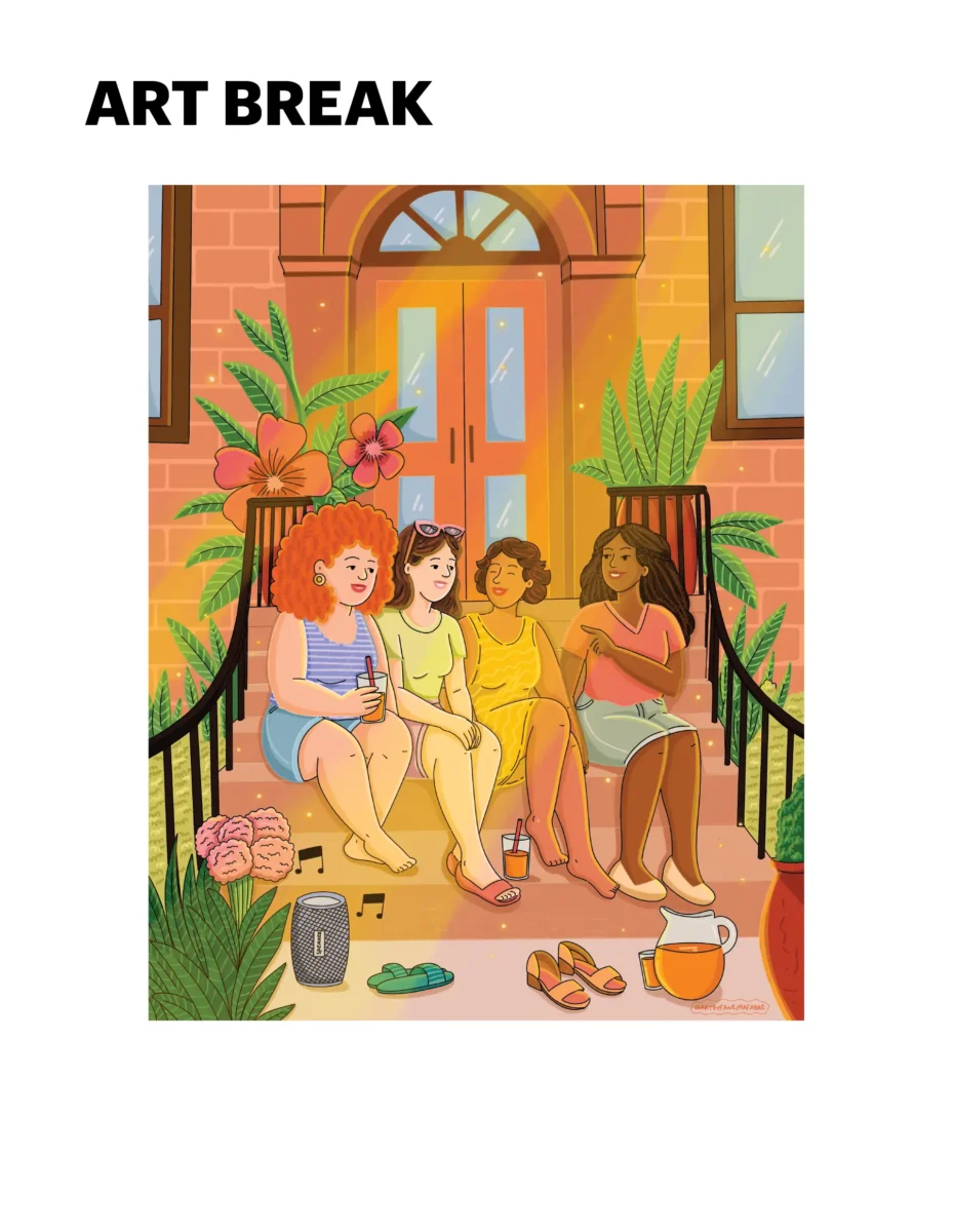 Illustration of four women sitting on Brooklny stoop smiling