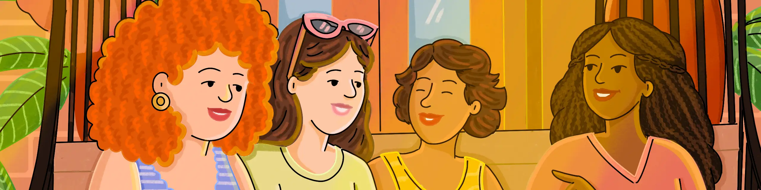 Cropped illustration of four female faces on stoop