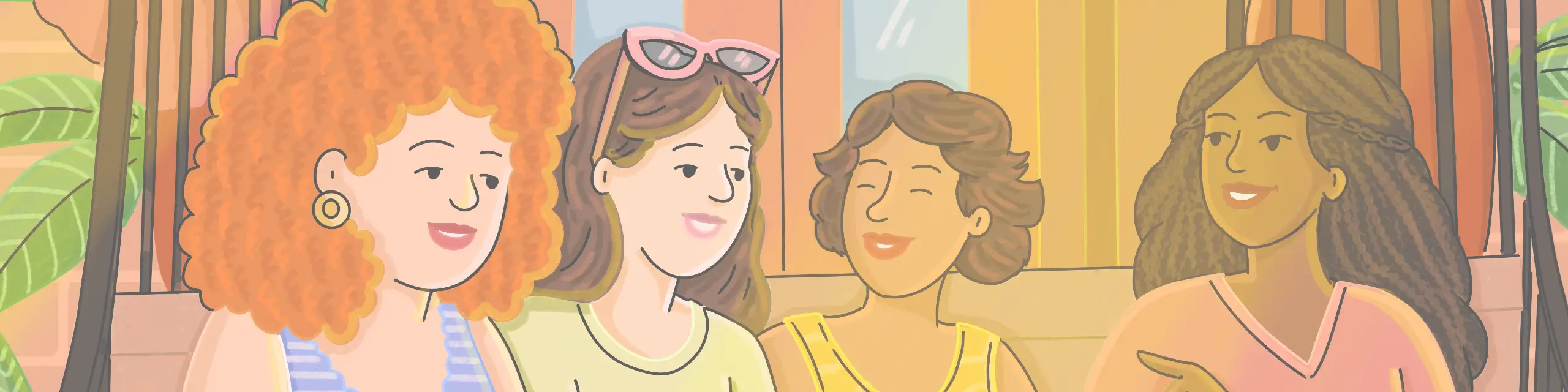 Cropped illustration of four female faces on stoop