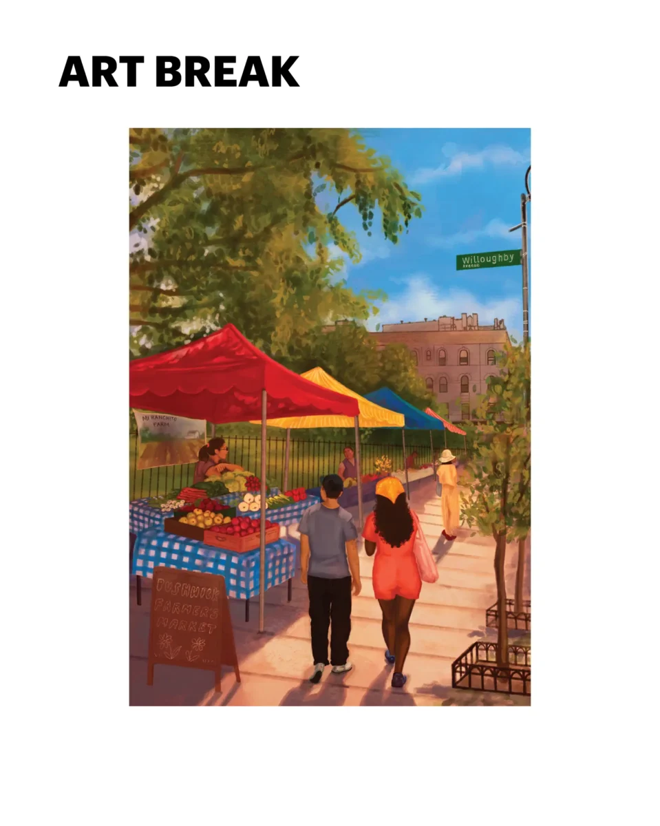Illustration of two people shopping at Brooklyn Farmers Market