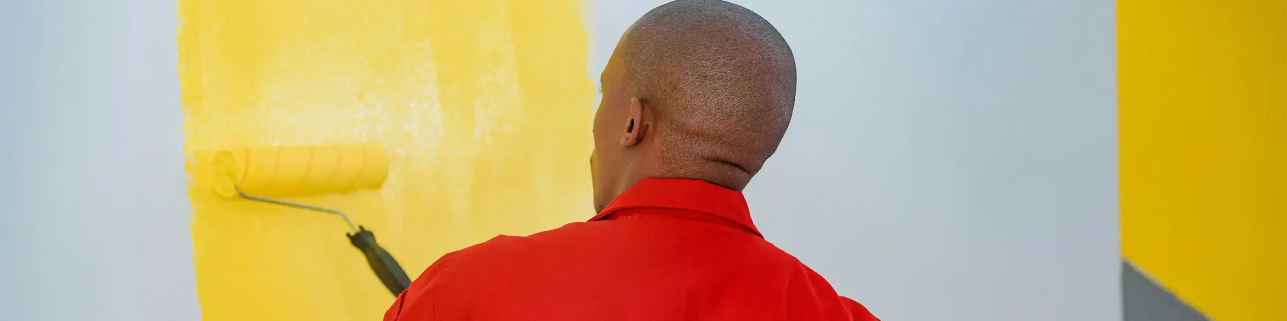 Back of man's head and shoulders painting yellow wall with roller