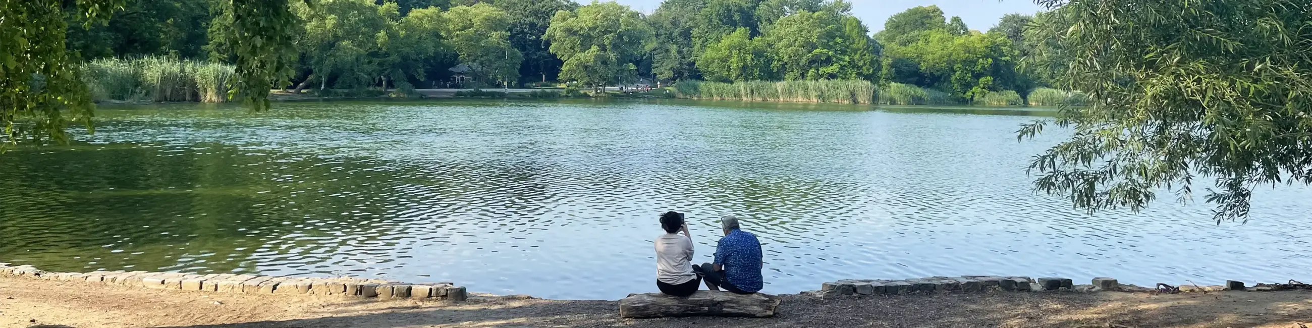 Two people sitting and looking at a lake in Prospect Park Brooklyn with the backs to camera